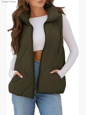 Sleeveless Puffer Vest Zip Up Quilted Coat Stand Collar Gilet Jacket With